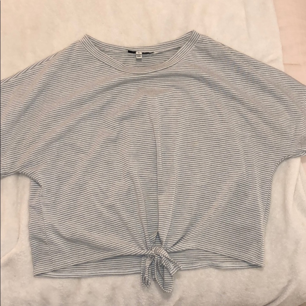 Grey and White Stripped Tied Up Crop Top